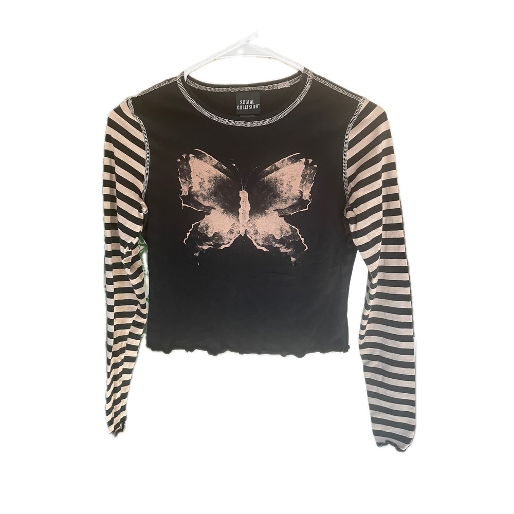 Social Collision Womens Y2K Grunge Streetwear Butterfly Graphic Crop Top‎ Size S